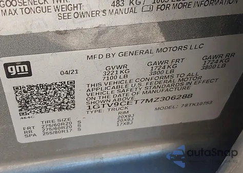 2021 GMC Sierra 1500 4Wd Double Cab Standard Box Elevation из США, поврежденный, VIN 1GTV9CET7MZ306288